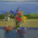 Christine Lafuente, Wildflowers and Cantaloupe Wedge by the Sea, 2015, oil on linen, 16 x 16 inches