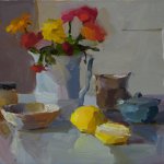 Christine Lafuente, Zinnias, Lemon, and Fig Jam, 2014, oil on linen, 12 x 16 inches