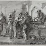 Reginald Marsh, Strokeys Bar, 1944, pen and ink and wash on paper, 21 1/2 x 30 inches