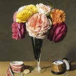 Stone Roberts, Roses, Tape Measure, and Thread Jar, 1998-99, oil on linen, 17 1/2 x 14 1/2 inches