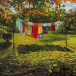 Scott Prior, Laundry Line in Autumn, 2016, oil on linen, 18 x 18 inches