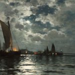 Edward Moran (1829-1901), Ships in Moonlight, oil on canvas, 12 x 24 inches