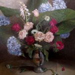 Judith Pond Kudlow, Anemone, Hosta, Rose, 2016, oil on board 30 x 24 inches