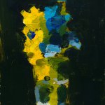 Stanley Bielen, Delphinium/Forsythia, 2017, oil on paper mounted on board, 7 1/4 x 5 1/8 inches