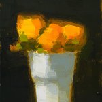 Stanley Bielen, Orange Ranunculus, 2017, oil on paper mounted on board, 6 3/4 x 5 inches