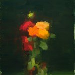 Stanley Bielen, Zinnias/Marigolds/Dahlias, 2017, oil on paper mounted on board, 19 x 18 inches