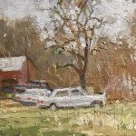 Michael Doyle, Barn, Truck, Mercedes, Tractor, 2018, Oil on board, 14 3/4 x 5 3/4 inches