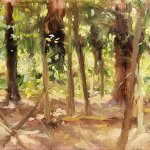 Michael Doyle, Light, Forrest, 2018, Oil on Masonite, 9 x 4 3/4 inches