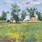 Michael Doyle, Summer Holsteins, 2018, Oil on panel, 11 1/2 x 23 1/2 inches