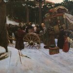 Stanley Arthurs (1877-1950), Wayside passengers breakdown of colonial stagecoach transportation, 1812, Oil on canvas, 22 x 32 inches