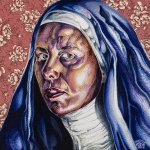 Holly Trostle Brigham, Little Blue Nun, 2018, Watercolor, collaged paper, 12 x 12 inches