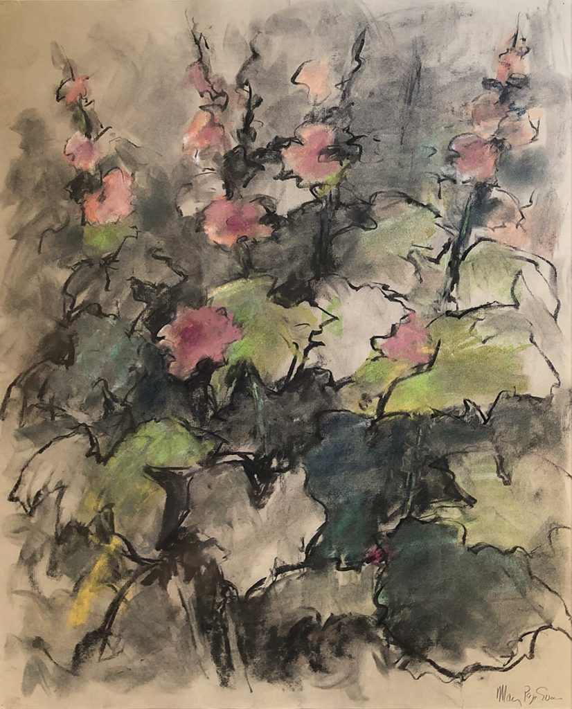 Mary Page Evans, Goodstay Hollyhocks, 2010, Mixed media on paper, 25 x 19 inches