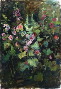 Mary Page Evans, Mid Summer Hollyhocks, 2003, Oil on linen, 68 x 47 inches
