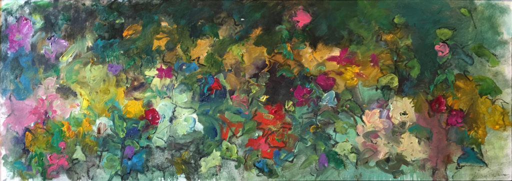 Mary Page Evans, Sussex Garden, 2015, Oil on mounted linen, 17 x 47 3/4 inches