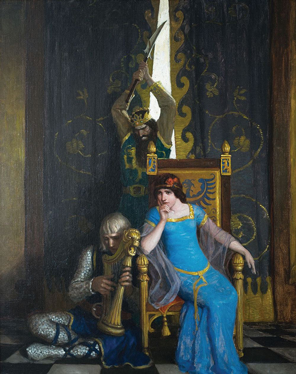 N.C. Wyeth (1882-1945), King Mark slew the noble knight Sir Tristram as he sat harping before his lady la Belle Isolde, 1917, Oil on canvas, 40 x 32 inches