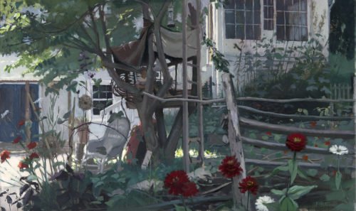 Shawn Fields, Fort, Oil on board, 19 x 32 inches