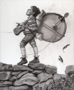 Shawn Fields, One Man Band (study), Charcoal on vellum, 42 1/4 x 26 inches