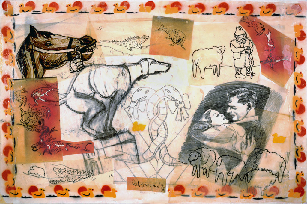 Red Grooms, Animal Instincts, 1992, Collage and mixed media, 30 x 46 inches