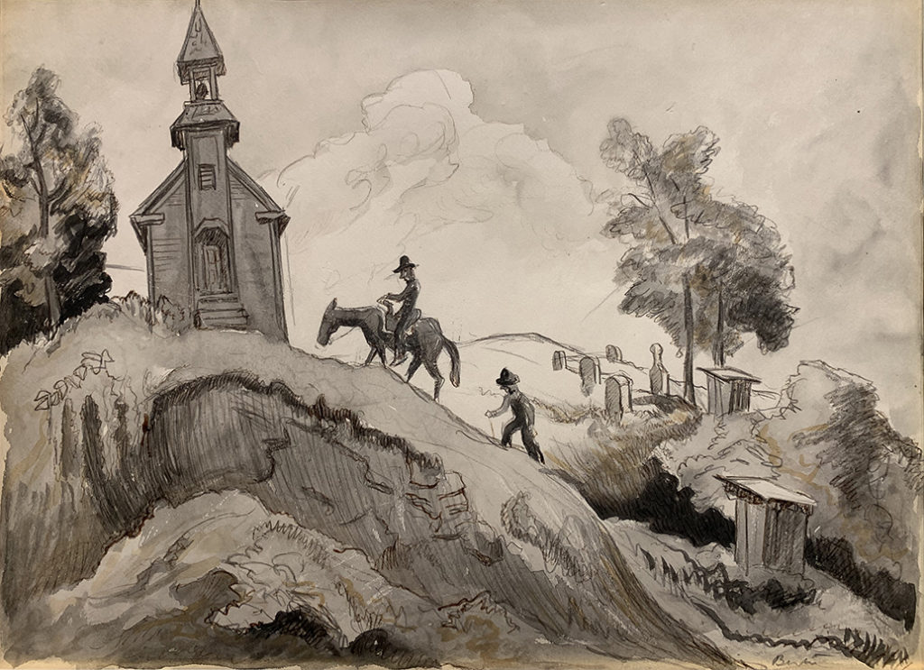 Thomas Hart Benton, Going to Church, 1930s-1940s; Watercolor, ink wash, and graphite on paper; 10 ½ x 14 ½ inches