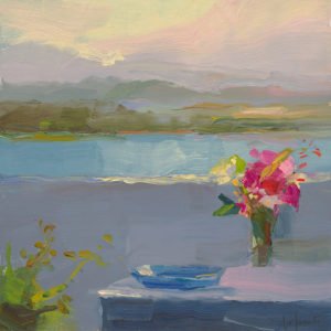 Christine Lafuente; Bougainvillea, Blue Bowl, and Bay; 2020, Oil on mounted linen, 12 x 12 inches