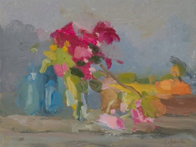 Christine Lafuente; Bougainvillea, Coral Vine, and Fruit; 2020, Oil on mounted linen, 9 x 12 inches
