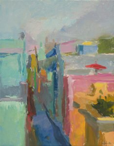Christine Lafuente; Calle Sol, Evening; 2020, Oil on canvas, 14 x 11 inches