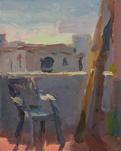 Christine Lafuente; Casa Blanca, Chair, and Ladder; 2020, Oil on mounted linen, 10 x 8 inches