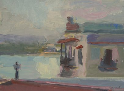 Christine Lafuente, Casa Blanca and Bay of San Juan, 2020, Oil on mounted linen, 9 x 12 inches