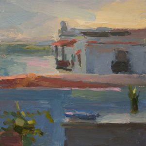 Christine Lafuente; Casa Blanca and Terrace, Sunset; 2020, Oil on mounted linen, 10 x 10 inches