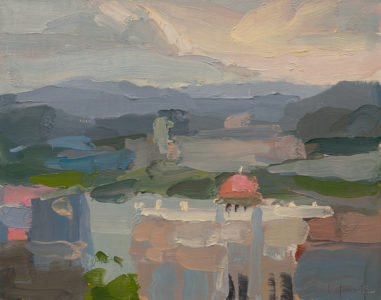 Christine Lafuente, Casa de Salud and Distant Mountains, 2020, Oil on mounted linen, 8 x 10 inches