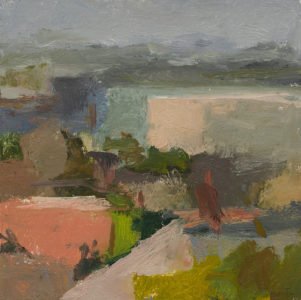 Christine Lafuente, Dusky Buildings Toward the Bay, 2020, Oil on mounted linen, 10 x 10 inches