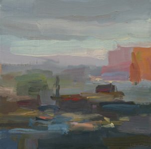 Christine Lafuente, End of Day over Old San Juan, 2020, Oil on mounted linen, 10 x 10 inches