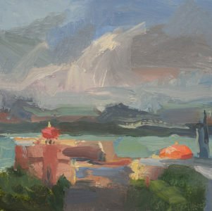 Christine Lafuente; Fortaleza, Chapel, and Bay; 2020, Oil on mounted linen, 10 x 10 inches