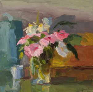 Christine Lafuente, Frangipani and Periwinkle, 2020, Oil on mounted linen, 12 x 12 inches