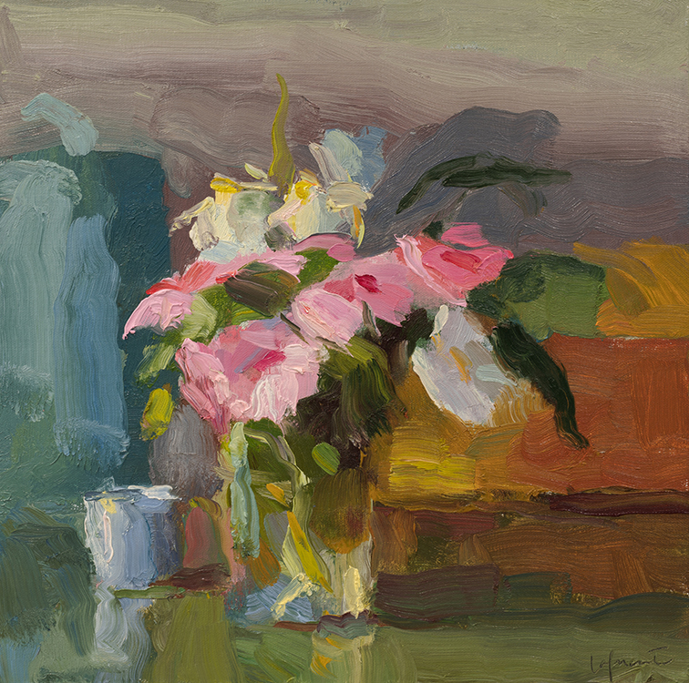 Christine Lafuente, Frangipani and Periwinkle, 2020, Oil on mounted linen, 12 x 12 inches