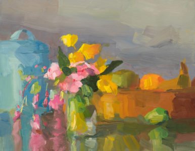 Christine Lafuente, Periwinkle and Yellow Trumpets, 2020, Oil on linen, 14 x 18 inches