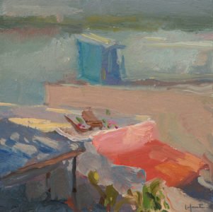 Christine Lafuente, Rooftop Lounge, 2020, Oil on mounted linen, 10 x 10 inches