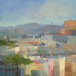 Christine Lafuente, Rooftops and Distant Mountains, 2020, Oil on linen, 14 x 14 inches