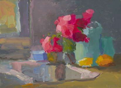 Christine Lafuente, Sink, Lemons, and Bouganvillia, 2020, Oil on mounted linen, 9 x 12 inches