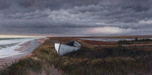 Timothy Barr, Cisco Beach West End, Oil on panel, 12 x 24 inches