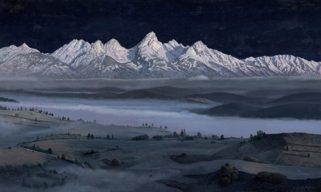 Timothy Barr, Teton Nocturne, Oil on panel, 24 x 40 inches