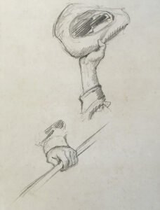 N.C. Wyeth, Untitled Study (hand waving a hat; hand holding a rod), Graphite on paper, 10 ¾ x 8 ¾ inches