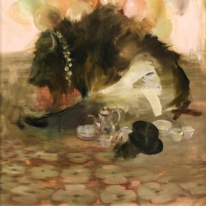 Sarah McRae Morton, Tea Parting, 2020, Oil on board, 16 x 16 inches