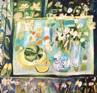 Elizabeth Endres, Inky Blue and Floral Room (SOLD), 2021, Oil on canvas, 44 x 44 inches