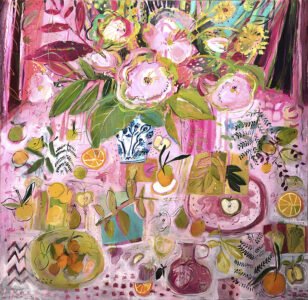 Elizabeth Endres, Pink Table (SOLD), 2021, Oil on canvas, 50 x 50 inches