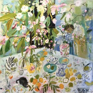 Elizabeth Endres, Watching From Behind Hydrangea Flowers (SOLD), 2021, Oil on canvas, 40 x 40 inches