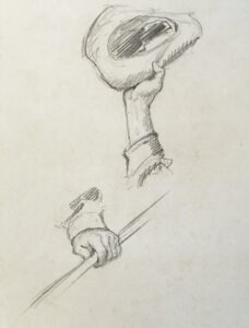 N.C. Wyeth (1882-1945), Untitled Study (hand waving a hat; hand holding a rod), Graphite on paper, 9 x 6 ¼ inches