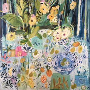 Elizabeth Endres, Blues and Fruit (SOLD), 2021, Oil on canvas, 48 x 48 inches