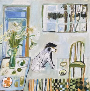 Elizabeth Endres, Dogs Waiting and Snow Outside (SOLD), 2021, Oil on canvas, 14 x 14 inches