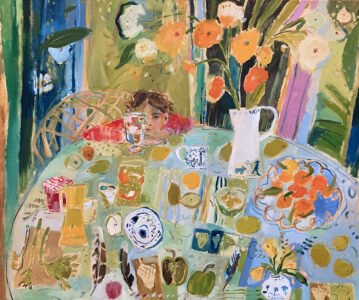 Elizabeth Endres; Feathers, Peppers, Flowers, Thoughts (SOLD); 2021; Oil on canvas; 30 x 36 inches